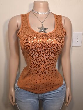 Only Nine Orange Sequin Scoop Tank Top